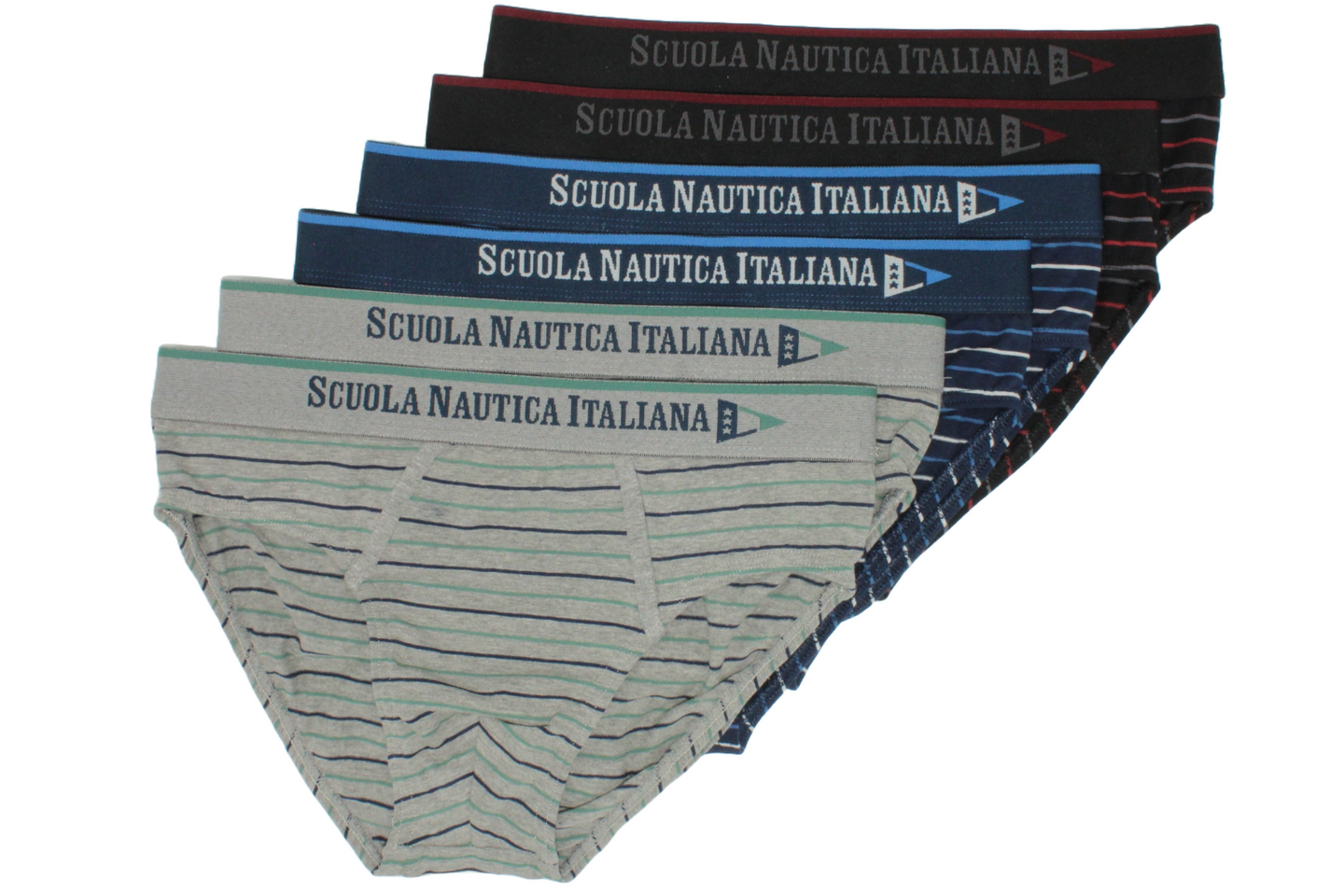 Scuola Nautica Italiana sono disponibili in una varietà di fantasie e colori, tra cui il classico slip americano, il sexy slip uomo e il contrasto di strisce tricolore: blu scuro, azzurro e bianco, rosso, nero e grigio, verde, grigio e nero. Indipendentemente dal tuo stile, troverai sicuramente il miglior intimo uomo per te.