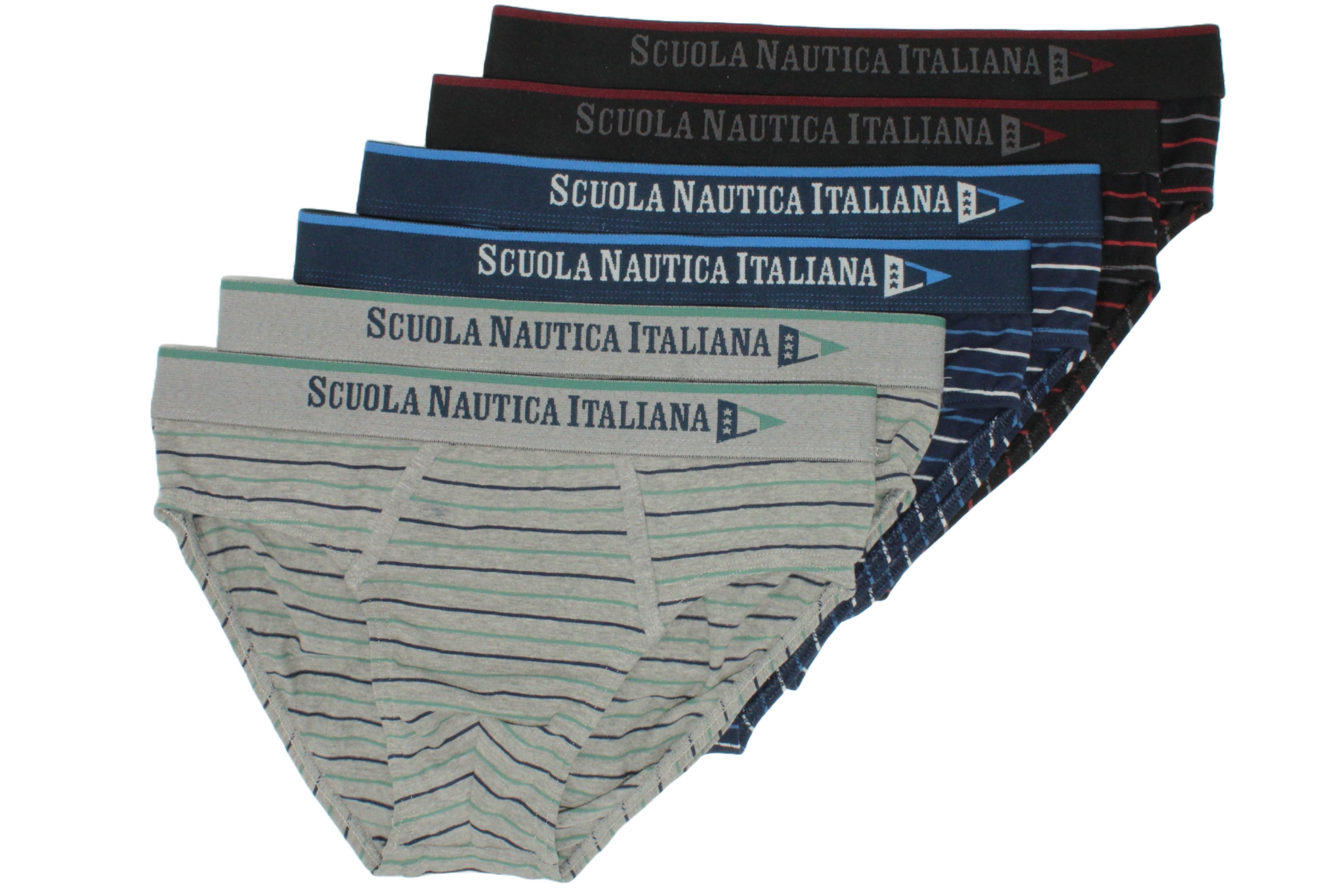 Scuola Nautica Italiana sono disponibili in una varietà di fantasie e colori, tra cui il classico slip americano, il sexy slip uomo e il contrasto di strisce tricolore: blu scuro, azzurro e bianco, rosso, nero e grigio, verde, grigio e nero. Indipendentemente dal tuo stile, troverai sicuramente il miglior intimo uomo per te.